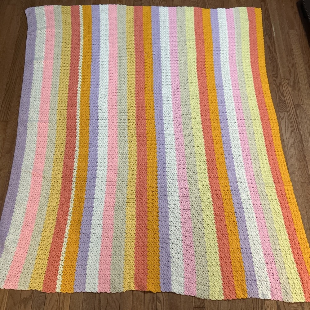Handmade Multi Colored Striped Afghan Throw Blanket Scallop Edge Granny 72"x60"